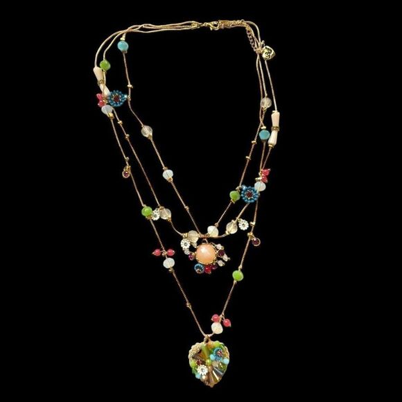 BETSY JOHNSON Jewelry Gold Pjnk Blue Green Sequin Rhinestone Heart Embellished F - Picture 1 of 11